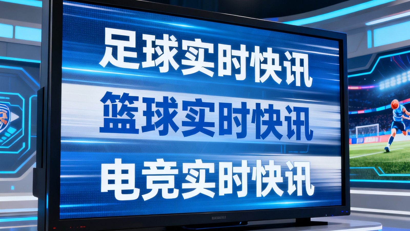 开云体育新闻中心界面，显示器上滚动着足球、篮球、电竞实时快讯，背景是虚拟演播室